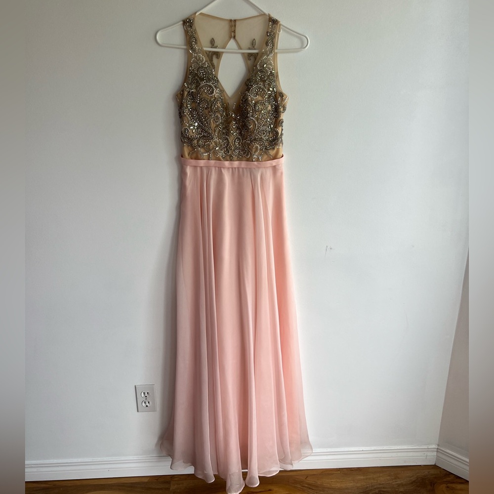 La Femme Beaded pink evening Maxi dress prom wedding party